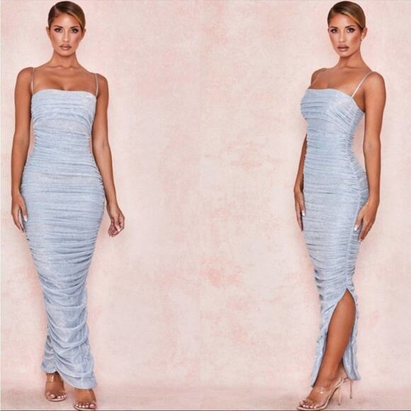 HOUSE OF CB Fornarina Baby Blue Sparkle Silvermist Fairy Glitter Ruched Dress - Picture 3 of 16